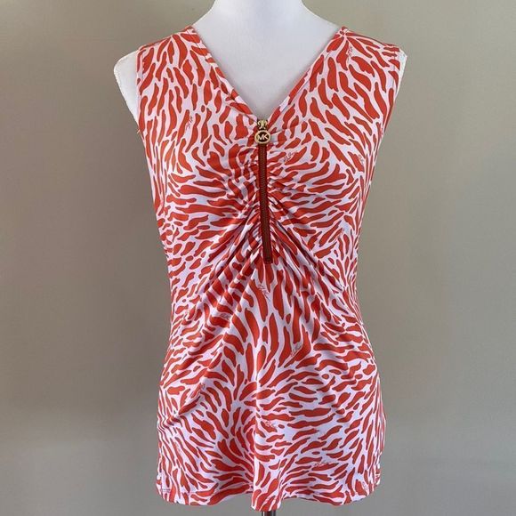 MICHAEL Michael Kors Tops - Michael Kors Orange & White Animal Print Sleeveless Tank Top with Zipper, Size S